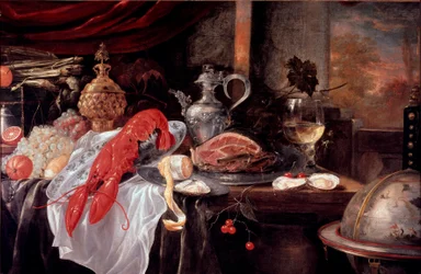 Andrea Benedetti (1620-?) Faenza csendélet homárral, sonkával, ezüst edényekkel, Városi Művészeti Galéria