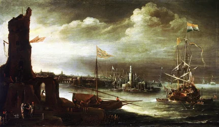 Egy holland hajó horgonyoz Genova kikötője előtt (Olaszország)