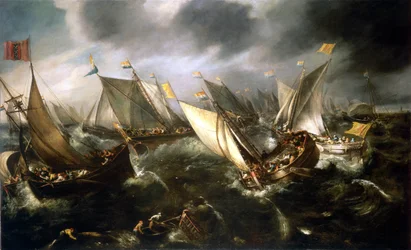 Holland jachtverseny, Észak-Európa partjainál. Olaj, vászon, 1630 körül, készítette Andries van Eertvelt (1590-1652).
