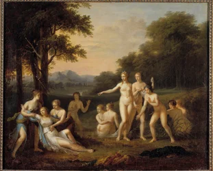 Diana felfedezi Kallisztó terhességét. Angelica Kauffmann (1740-1807) festménye. 18. század. M. 0,46 x 0,56 m. Tours, Szépművészeti Múzeum