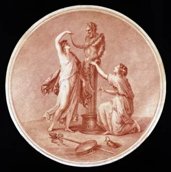 Pán szobrát díszítő nimfák, vésette William Wynne Ryland (1732-83) 1776 (piros foltos metszet)