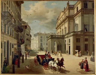 A milánói Teatro della Scala homlokzata, Giuseppe Piermarini alkotása (festmény vászonra)