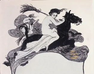 Boszorkányok mozognak a levegőben. Angelo Jank (1868-1940) illusztrációja a Jugend számára