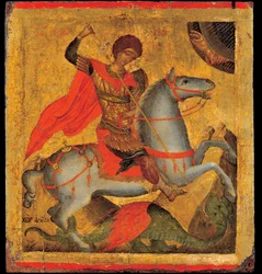 Akotandos, Angelos (aktív kb. 1425-1460) Szent György és a Sárkány Tempera panelen kb 1440-1460 Benaki Múzeum, Athén 40,8x37,5