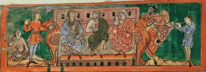 Cott Tib B V f.4v Arisztokraták, Domesday előestéjén, egy naptárból, 1030 körül (vellum)