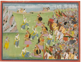Egy festmény a Mahábháratából: Balabhadra harcol Jarasandhával, Kangrával vagy Garhwallal, 1810-20