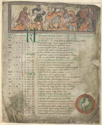 Cotton Tiberius B. V, 1. rész, f.5 Május naptári oldal. Birkák gondozása. Két pásztor a nyájával, az egyik kezében egy szélhámos, és három ülő alak. Gyalog, Kos körben