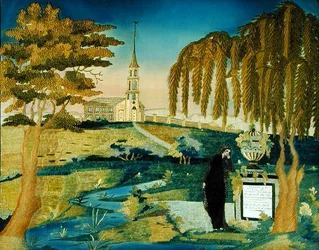 Nő áll a művész férjének emlékművénél, 1800-20 körül (selyem)