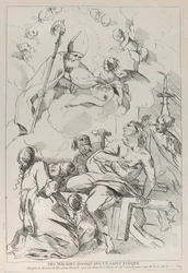 Betegek a bal felső sarokban megjelenő püspökszentet idéző emberek, 1729-40.