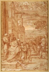 A tékozló fiú visszatérése Annibale Carracci után (vörös kréta és magasítás papíron)