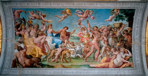 Bacchus (Dionüszosz, Bacco) szekerén tér vissza Indiából, és találkozik Thészeusz által elhagyott Ariadnéval. Annibale Carracci (Annibal Carrache) (1560-1609) freskója, 1597-1600. Róma, Palazzo Farnese
