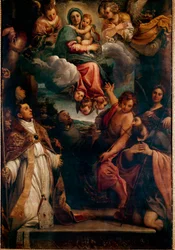 Madonna a dicsőségben a gyermekkel és hat szenttel, Szent Ludovics Madonnával. Annibale Carracci festménye (Annibal Carrache
