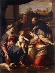 A Madonna és a Gyermek Szent Lucyval, Domonkossal és Francia Lajossal, egy táj egy várossal a szárnyon keresztül,