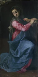 Az angyali üdvözlet Szűz Máriája (részlet). Annibale Carracci (1560-1609) (Annibal Carrache) festménye, 1587 körül. Mérete: 150 x 76 cm. Bologna, Pinacoteca Nazionale