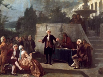 Carlo Goldoni (1707-1793) olasz drámaíró szonettet hirdet a Colonia Alfea (a pisai Arcadia Akadémia egyenértékűsége) tagjai előtt a Scotto Garden of Pisa festményében Annibale Gatti (1828-1909)