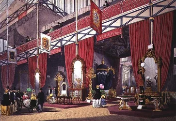 Kilátás a Nagy Kiállítás Bútor részlegére, 1851 (színes nyomat)
