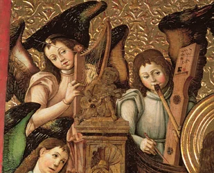126-0035385 A Saragossai Szent Vince vértanú tiszteletére szentelt oltárkép központi táblája, a hárfán, furulyán és gitáron játszó angyalok részlete, 1466-87 körül
