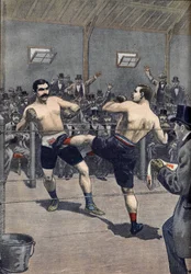 Egy boksztámadás: a francia bajnok Joseph Charlemont (1839-1918) győzelme Jerry Driscoll ellen a „megmentés” technikájával” a Le Petit Journal 1899-ben.