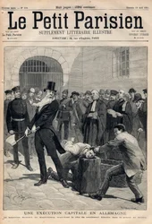 Kivégzés Németországban. Friedrich Reindel (1824-1908) magdeburgi hóhér lefejezi Klausin elítéltet a berlini börtönben. Metszet a „Le Petit Parisien” 19-04-1891-i számában. Magángyűjtemény.