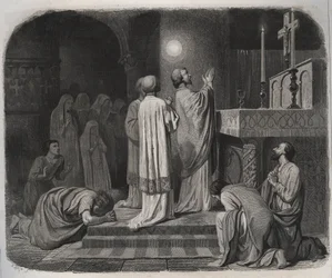 Tűzgömb jelenik meg SAINT MARTIN eveque de Tours (316-397) felett, miközben dolgozik. Metszet 1846-ból a „Szentek élete” c. Magángyűjtemény.