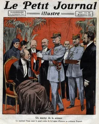 A tudomány mártírja: Marechal Philippe Petain (1856-1951) átadta a Becsületlégió nagy zsinórját Jean-Alban Bergonie (Jean Alban Bergonie) (1857-1925) francia rákorvos professzornak. Metszés. Az egyik újság „Le Petité Journal illu