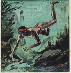 Egy gyöngykutató, aki életét kockáztatja Ceylon és Polinézia trópusi tengerein, hogy eleganciákat kínáljon nyakláncokkal és ékszerekkel. Az illusztráció a „” Le Petite Journal”-ból származik, 1923. 11. 03. Magángyűjtemény.
