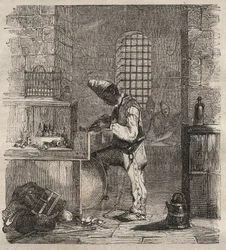 Munkaerő a Brest Bagne-ban a XIX. Pierre Zaccone (1817-1895) (Colonia Penale - Büntetőtelep) metszet az „Elítéltek története a megalkotásuktól napjainkig” című könyvébe (1877). Magángyűjtemény.