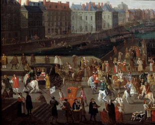 Tevékenységek és átjáró a Pont Neuf-on Párizsban Névtelen festmény a 17. századról. Párizs, Musee d