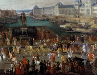 Tevékenységek és átjáró a Pont Neuf-on Párizsban Névtelen festmény a 17. századról. Párizs, Musee d