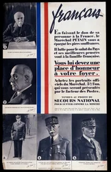 Reklámplakát Philippe Pétain marsall portréinak a második világháború alatti értékesítéséhez, Pétain dicsőítésével (a szegénység elleni küzdelmet szolgáló nemzeti segélyezés javára értékesítve)