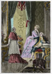 A királyné nyakláncának ügye (1785-1786): Louis René Édouard de Rohan bíboros (1734-1803) XVI. Lajos király (1754-1793) és Marie Antoinette királyné (1755-1793) előtt