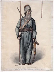 Alekszandr Zemljanuhin, a Don-ezred kozákja - Anonymous - kb 1813 - Rézkarc, akvarell - 34,3x25,3 - Magángyűjtemény