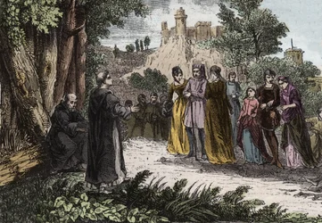 Alibgens eretnekség - Szent Domonkos prédikál az albigenseknek - Szent Domonkos (Dominica de Guzman) (1170-1221) prédikál az albigeieknek - 1846-os metszet a „Szentek élete” c. Magángyűjtemény.