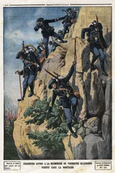 Alpesi vadászok elveszett német turistákat keresnek. A Chartreuse-hegység Nero (Helmet du Nero) hegyéhez akartak menni. Metszet a „Le Petite Journal”-ban, 1912.07.07. Magángyűjtemény.
