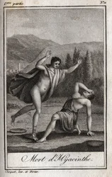 Apollo és Hyacinthos (Hyacinth halála) 1819-es metszete Charles Albert Demoustier (1760-1801) „Lettres a Emilie sur la mythologie” című művében. Magángyűjtemény.