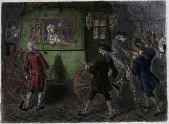 XVI. Lajos (1754-1793) és menekülő családja letartóztatása Varennes-ben 1791. június 21-én. Metszet 1866-ból Adolphe Thiers „Histoire de la Revolution francaise”-be. .