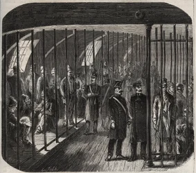 A fedélzeten lévő erők megérkezése a Toulonból Cayenne-be (Guyana) tartó konvoj során az 1851. december 8-i rendelet értelmében. Pierre Zaccone (1817-) metszete „A börtönök története a létrehozásuktól napjainkig” (1877) 1895) (Colonia Penale – Penal co