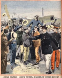 Alfred LeBlanc (1869-1921) francia pilóta érkezési diadala, az Issy Les Moulineaux (Issy-Les-Moulineaux) légkör győztese. Metszet "A kis párizsi"-ban 1910.08.14