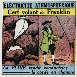 Atmoszférikus elektrolit: Benjamin Franklin repülő szarvasa (1706-1790) 1752 nyarán. Névtelen illusztráció 1925-ből. Magángyűjtemény.