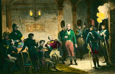 Louis de Bourbon, Enghien hercege (1772-1804) ügye: a herceg perének helyszíne, akit azzal gyanúsítanak, hogy összeesküdött Bonaparte Napóleon első konzul ellen, és bizonyíték nélkül elítélték és kivégezték. Metszet 1804-ből. Magángyűjtemény - A bíró