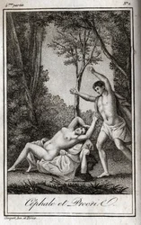 Cephale és Procris (Cephalus) szerelmespár. Metszet 1819-ből Charles Albert Demoustier (1760-1801) „Lettres a Emilie sur la mythologie” című művében. Magángyűjtemény.