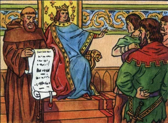 IV. Bél Károly (1294-1328) ráerőltette akaratát az urakra. Névtelen illusztráció a „Franciaország uralkodóinak és államfőinek gyűjteményében”. 20. század. Magángyűjtemény.