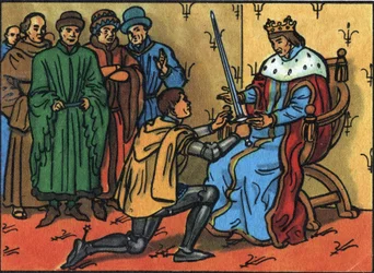 V. Károly A bölcs (1338-1380) ünnepélyesen átadja a rendőr kardját Bertrand du Guesclinnek (1320-1380). Névtelen illusztráció a „Franciaország uralkodóinak és államfőinek gyűjteményében”. 20. század. Magángyűjtemény.