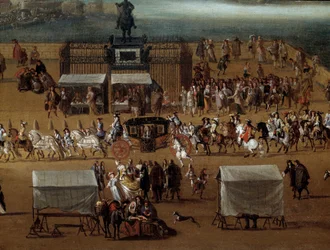 Kortézs a 17. századi párizsi Pont Neuf-on, IV. Henrik szobra előtt elhaladó Részlet. Névtelen festmény. Párizs, Musee Carnavalet