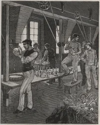 Kristálymetsző műhely Franciaországban a 19. században. Metszet 1885-ből Adolphe BITARD „” Les arts et metiers illustres” című könyvébe.