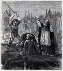 Egmont és Hoorn gróf lefejezése (1568) Brüsszelben a spanyol zsarnokság idején Hollandiában – Négy húsz éves háború (1568-1648): Lamoral, Egmont grófja, Gavre hercege (1522-1568) holland politikus dekoltálása. A keretben elítélték