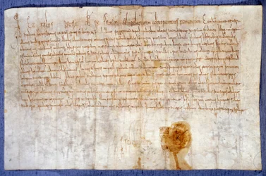 Luzarches és Mussy birtokainak adományozása a Saint-Denis-apátságnak Nagy Károly király (I. Károly, Nagy Károly vagy Carolus Magnus) (742-814) által, 775. 25/02-én. Párizs, Nemzeti Levéltár