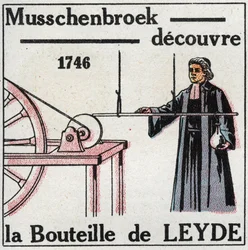Elektromos kondenzátorok: Pieter (Petrus, Pierre) van Musschenbroek (1692-1761) 1746-ban fedezte fel a leideni palackot, a kondenzátor ősét. Névtelen illusztráció 1925-ből. Magángyűjtemény.