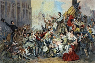 Az 1830-as forradalom epizódja a brüsszeli városháza előtt. Antoine csokoládék reklámkromolitográfiája Brüsszelben, a XX. század eleje. Magángyűjtemény