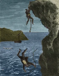 Két haderő szökése a Belle-Ile-en-Mer (gyönyörű tengeri sziget) börtönéből a 19. században. Pierre Zaccone (1817-1895) (Colonia Penale - Büntetőtelep) metszet az „Elítéltek története a megalkotásuktól napjainkig” című könyvébe (1877). Magángyűjtemény